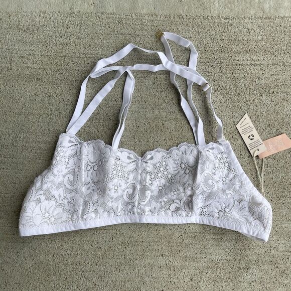 HAH by Free People Don't Cross Me Demi Bra Sz Small Blanc Floral Lace Halter NEW - Picture 2 of 8
